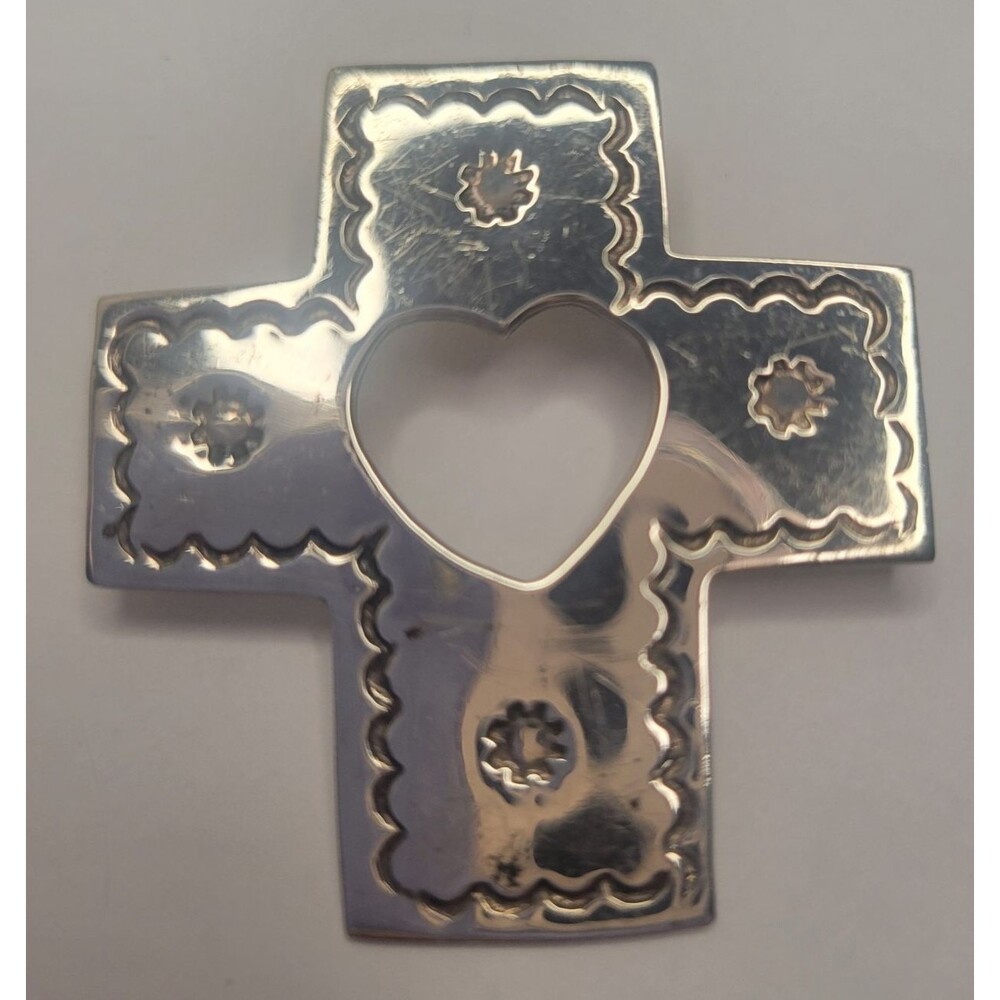 Vintage 925 Mexico Sterling Silver Cross Pendant Heart Cutout Handmade Jewelry